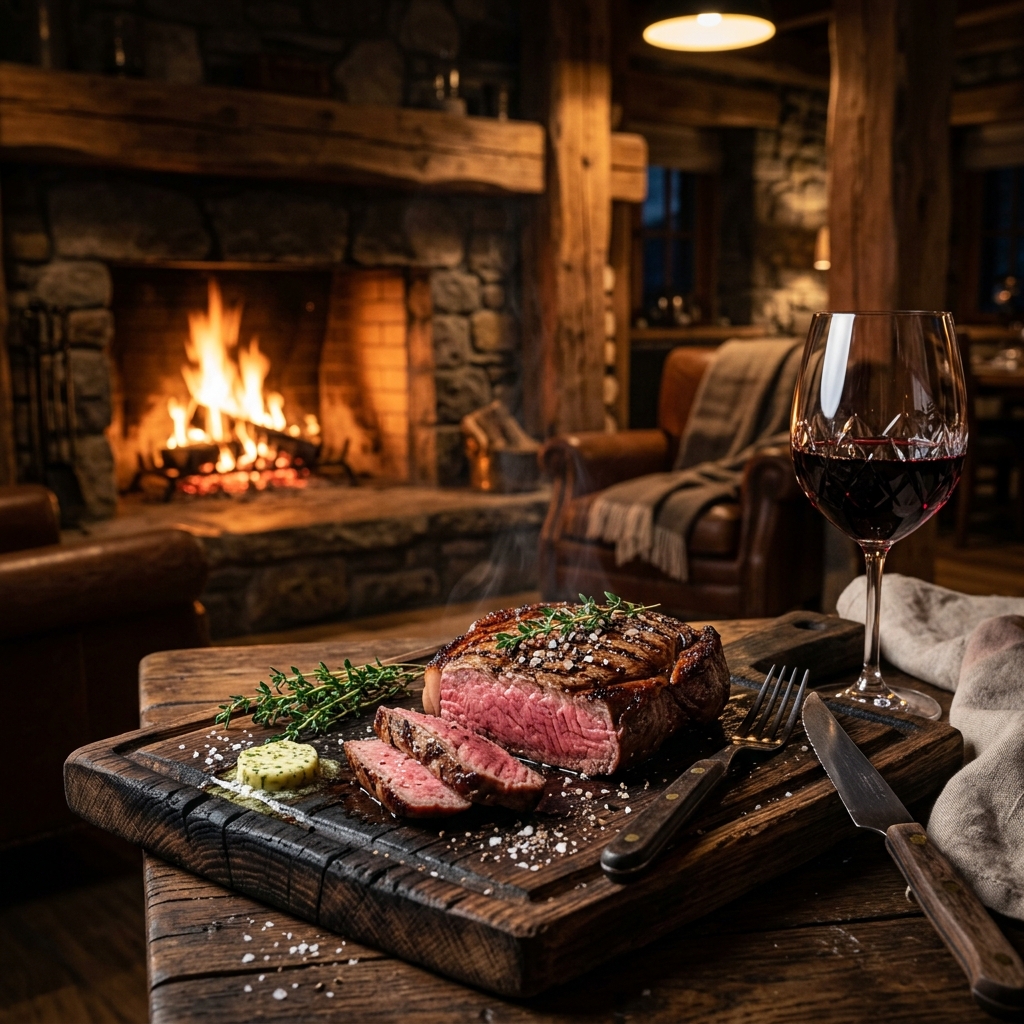 Delicious grilled venison steak and red wine